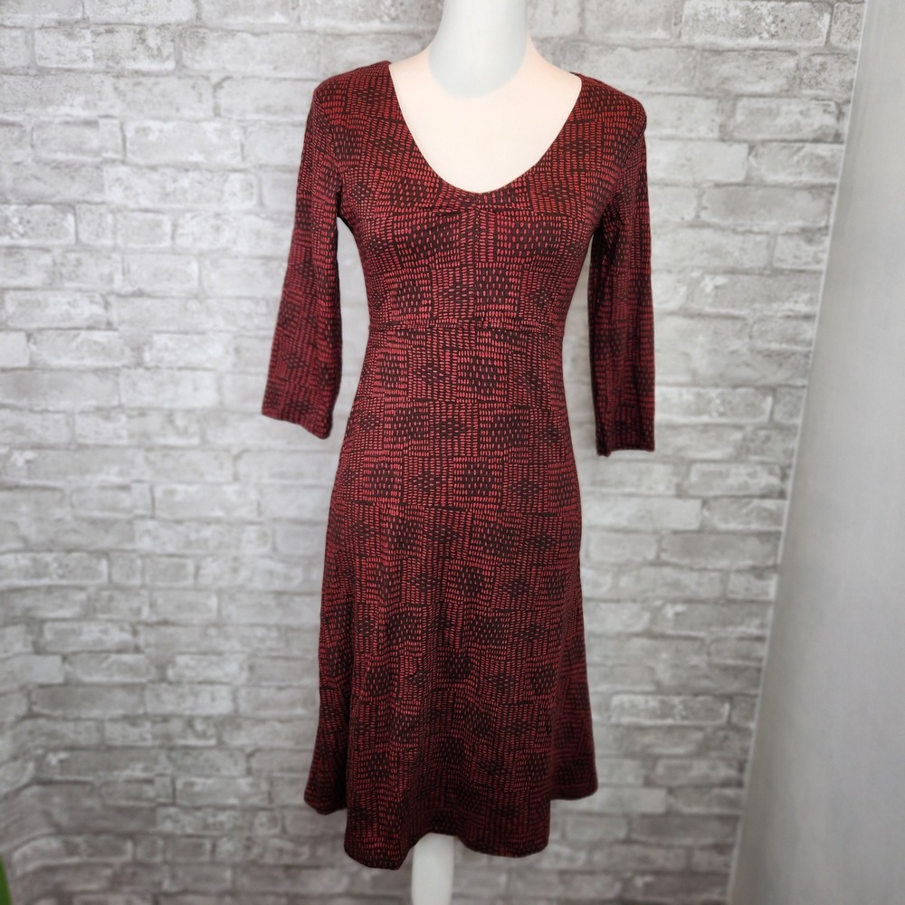 Toad&Co Rosalinda Dress Red Black Pattern Organic Cotton Tencel V-Neck‎ Midi XS